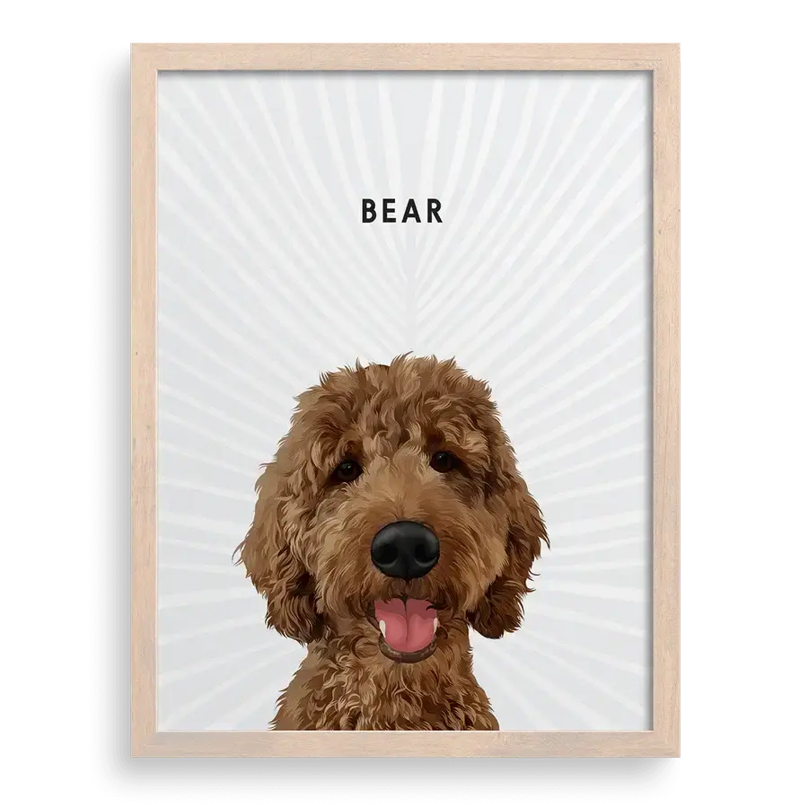 Dog painting face portrait on pampas grass background with brown frame — rustic pet artwork by Paw-Pixie