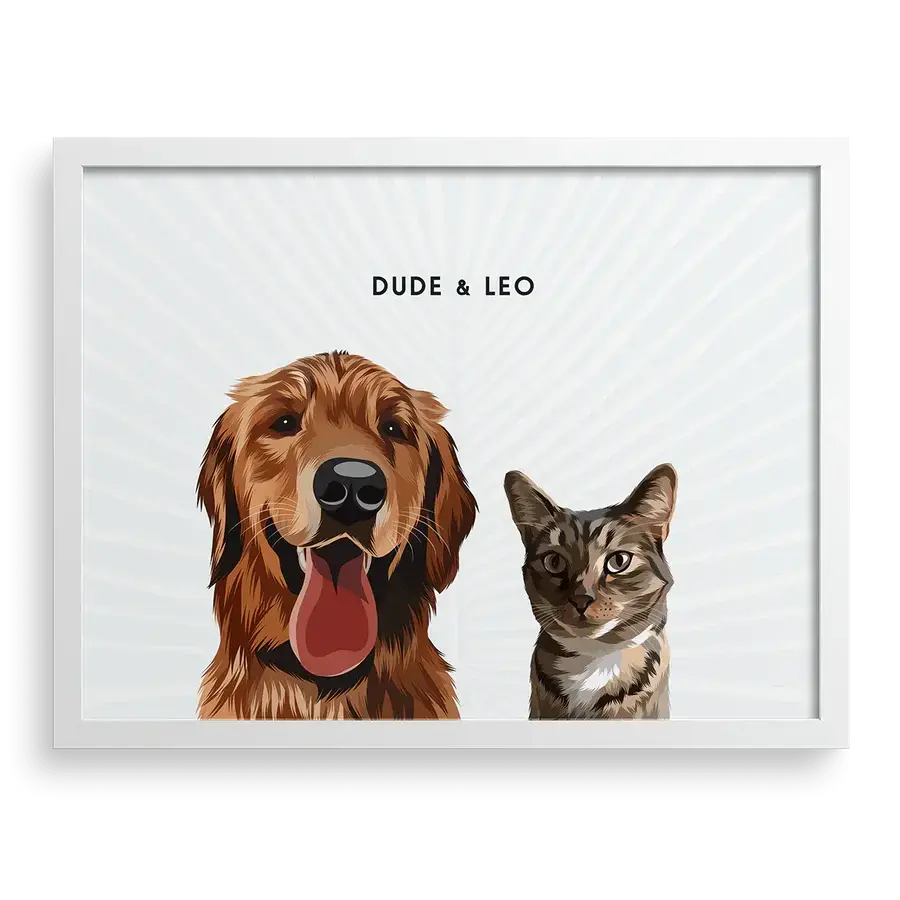 Custom Portrait for Two Pets on Pampas Grass background with White frame — modern pet memorial artwork by Paw-Pixie