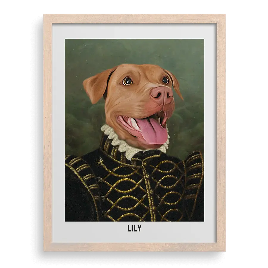 The Baroness Custom Pet Portrait with Brown frame, renaissance style dog artwork gift by Paw-Pixie