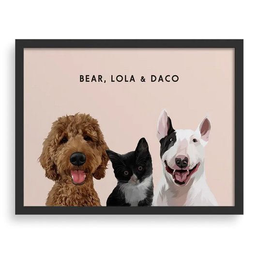Custom portrait for three pets with dusty pink background and black frame - personalized dog and cat wall art by Paw Pixie