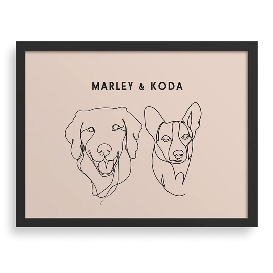 Custom Two Pet Line Drawing Portrait with Dusty Pink background, black frame, with names โ paw-pixie