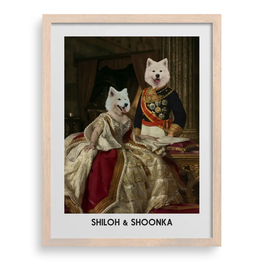Custom pet portrait "The King & Queen" with Brown frame by Paw-Pixie.