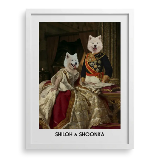 Custom pet portrait "The King & Queen" with White frame by Paw-Pixie.