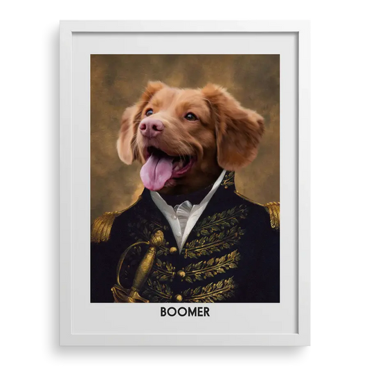 The Prince custom pet portrait by Paw-Pixie, featuring a happy brown dog in royal attire with a white frame.