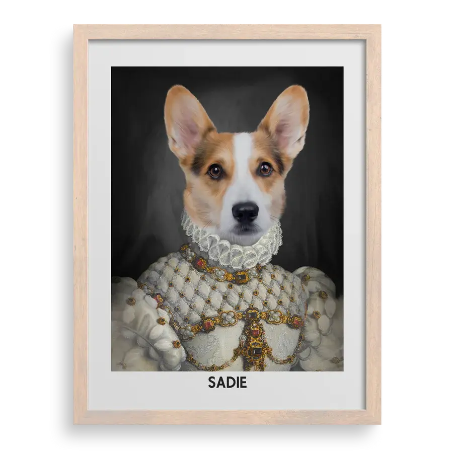 The Proper Lady Custom Pet Portrait with Brown frame by Paw-Pixie, featuring a regal corgi dressed in royal attire.