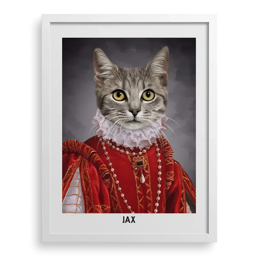 Custom pet portrait "Their Highness" with White frame by Paw-Pixie.