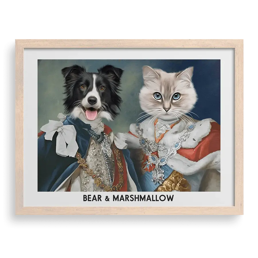 Their Majesties Custom Pet Portraits in Brown Frame by Paw-Pixie, featuring two pets in royal attire.