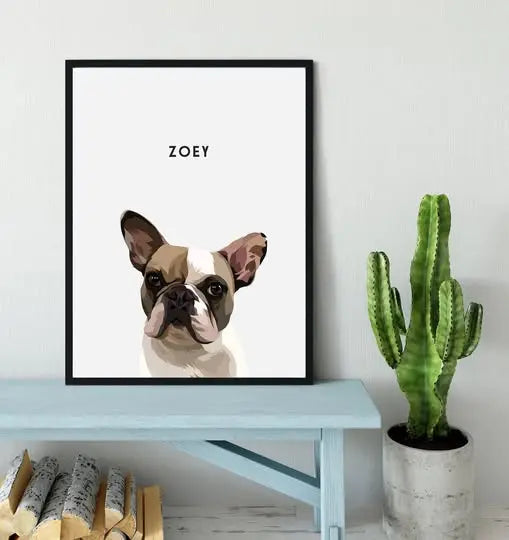 Framed custom canvas portrait of a French Bulldog named Zoey displayed on a shelf, showing how pet canvas art helps keep cherished memories alive.