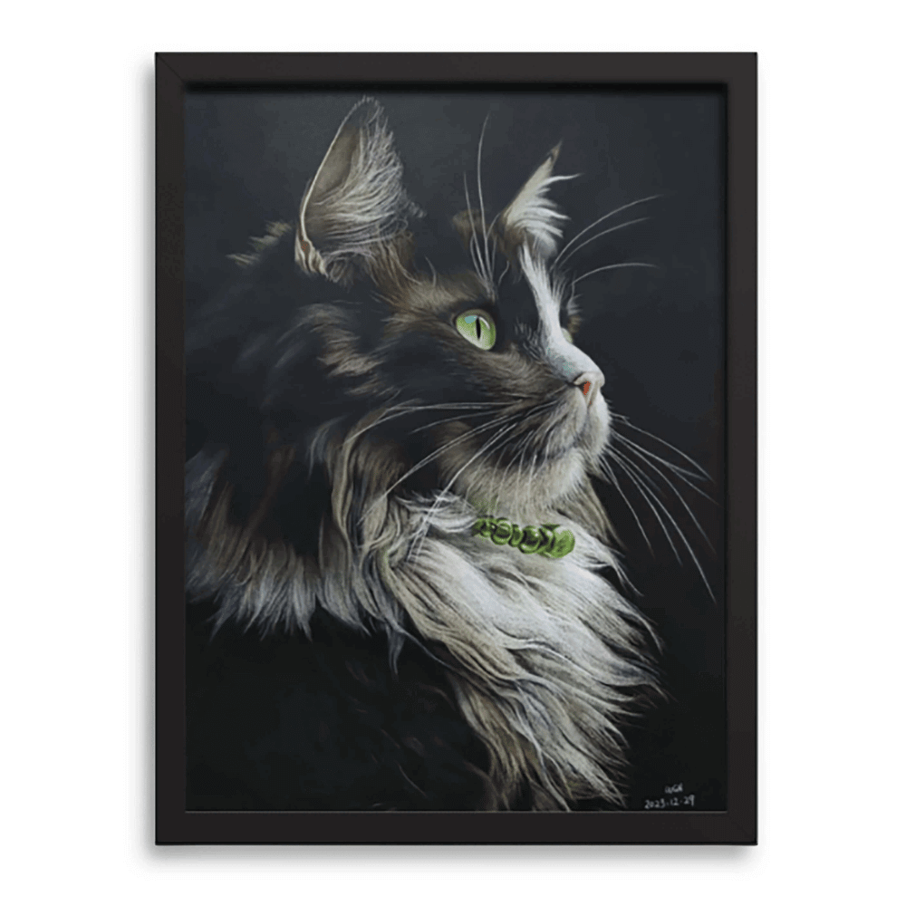 Realistic framed portrait of a long-haired cat with bright green eyes, representing the artistic quality of hand-drawn pet portraits compared to digital ones.