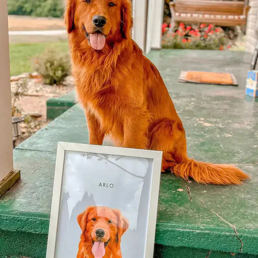 A golden retriever sitting beside a framed custom pet portrait, showing how personalized pet keepsakes make meaningful gifts beyond toys or treats.