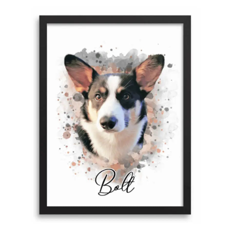 Framed watercolor-style pet portrait of a dog named Bolt, illustrating the artistic charm of custom watercolor pet portraits.