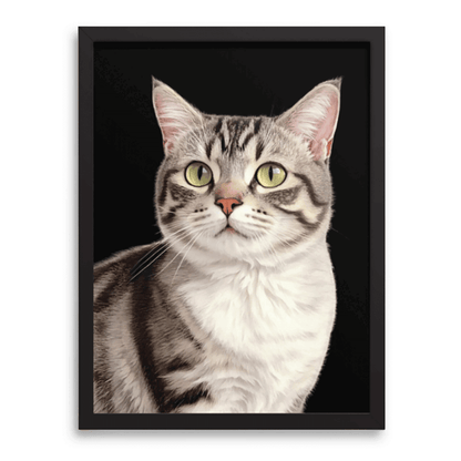 Handcrafted colored pencil portrait of cat with black frame on charcoal gray background — custom pet drawing