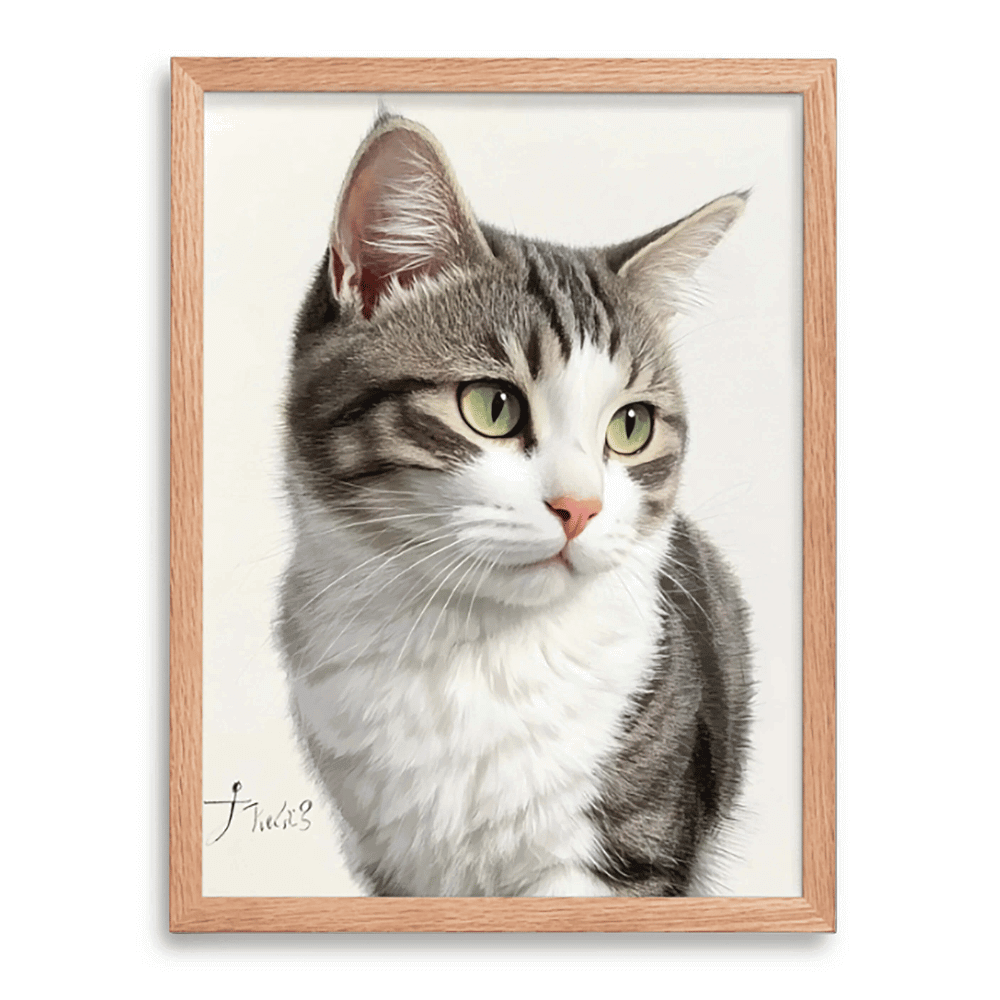 Custom colored pencil cat portrait with brown frame on soft white background — Paw-Pixie personalized pet art