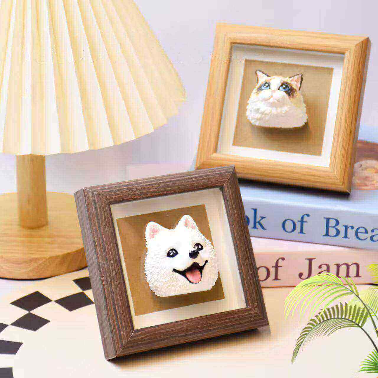 Personalised framed plush pet portrait of cat, custom memorial artwork in wooden frame