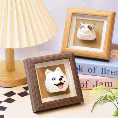 Personalised framed plush pet portrait of cat, custom memorial artwork in wooden frame