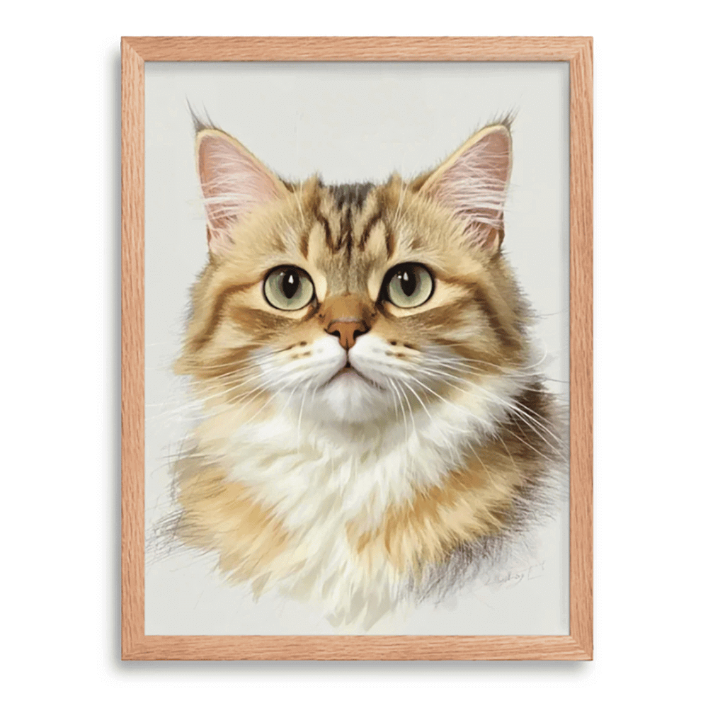 Hand-drawn colored pencil portrait of tabby cat with brown frame on cream beige background — custom pet memorial drawing