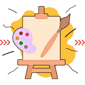 Illustration of painting process icon with easel, brush, and palette — Custom Pet Portrait creation by Paw-Pixie