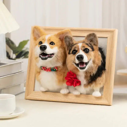 Custom plush framed pet portrait of two dogs with light wooden frame, memorial gift