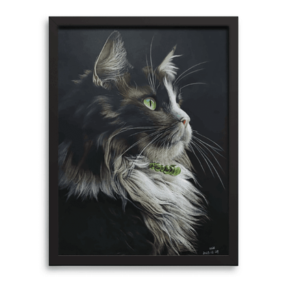 Custom colored pencil portrait of long-haired cat with black frame on charcoal gray background — realistic pet artwork