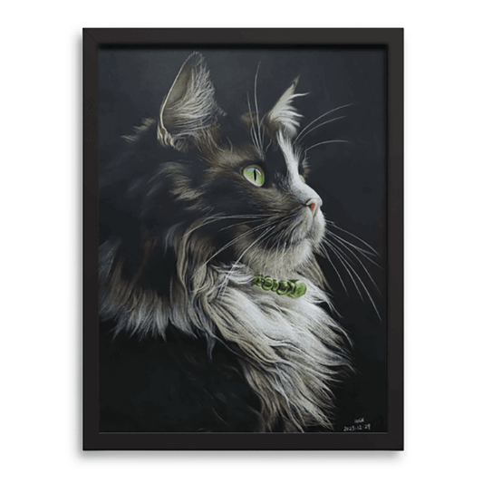 Custom colored pencil portrait of long-haired cat with black frame on charcoal gray background — realistic pet artwork