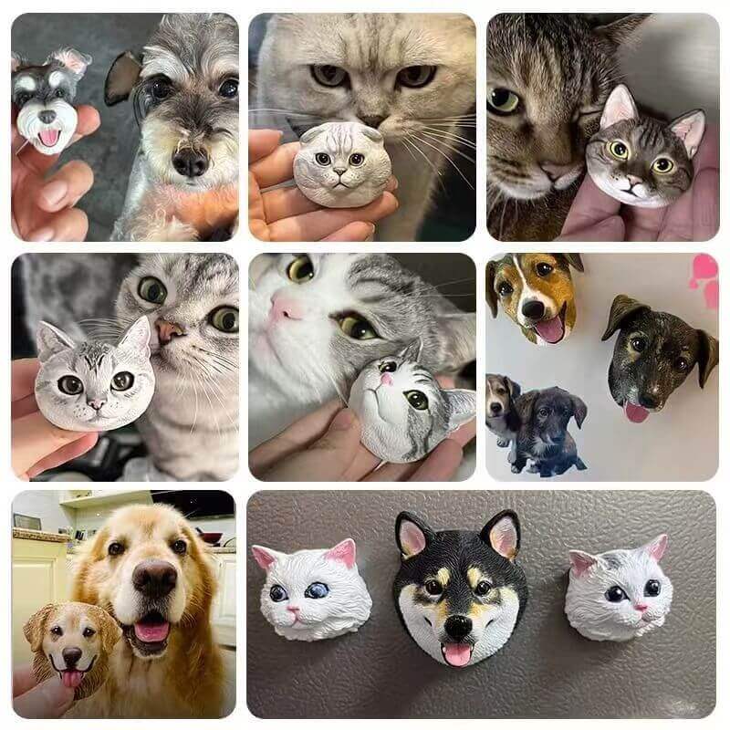 Custom pet fridge magnets with multiple cat face designs, personalised memorial keepsakes