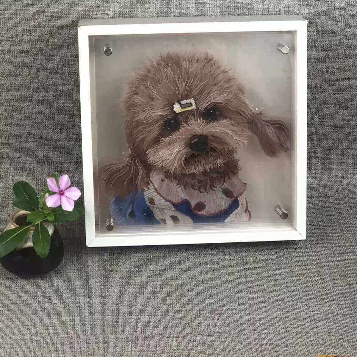 Custom 3D acrylic pet display with dog head artwork, realistic memorial decoration