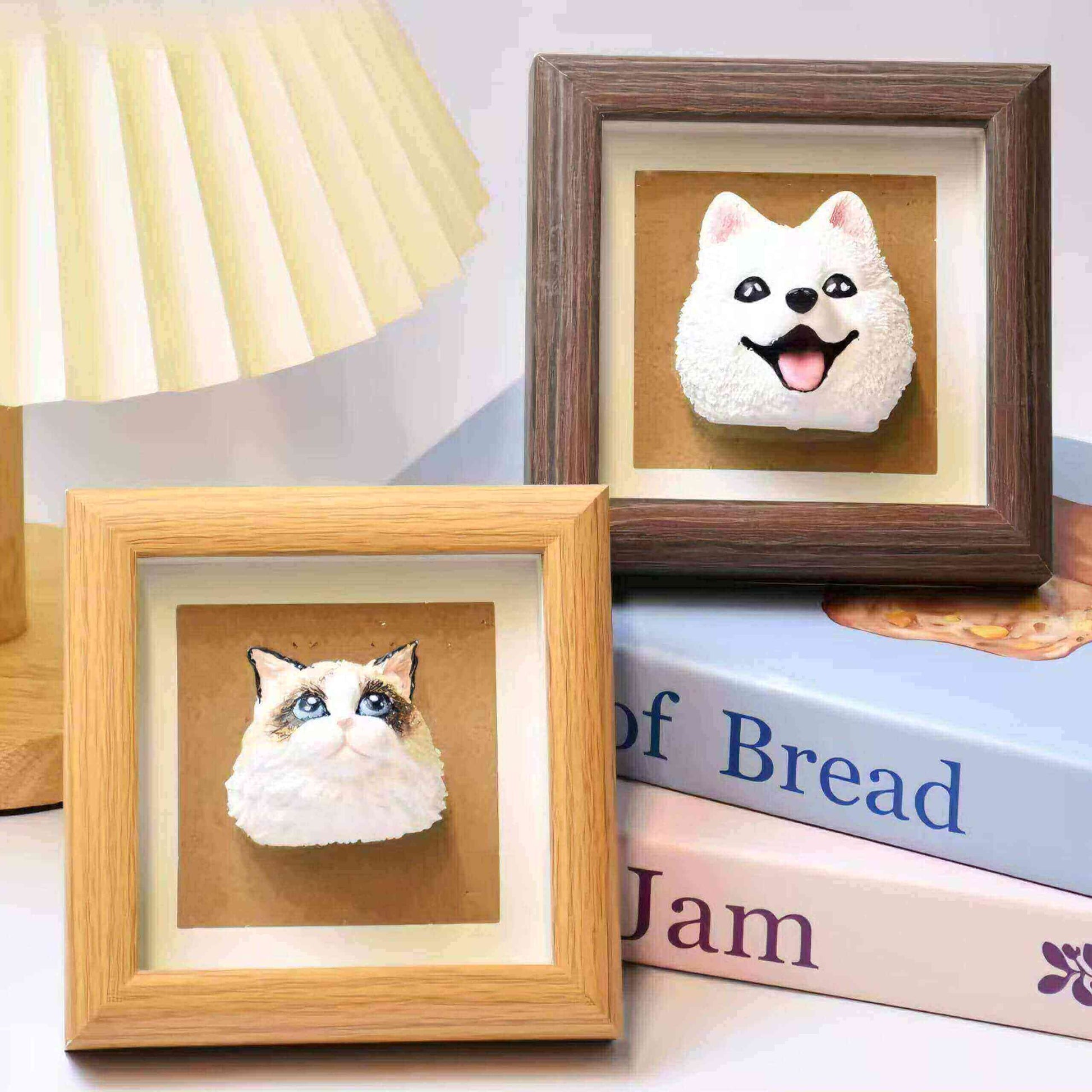 Custom framed plush pet portrait with two cat artworks, personalised memorial gift