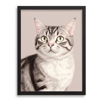 Personalized colored pencil portrait of cat with black frame on dusty pink background — Paw-Pixie pet keepsake
