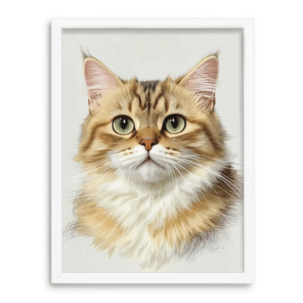 Realistic colored pencil cat portrait with white frame on soft white background — Paw-Pixie custom pet artwork