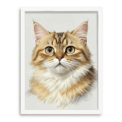 Realistic colored pencil cat portrait with white frame on soft white background — Paw-Pixie custom pet artwork