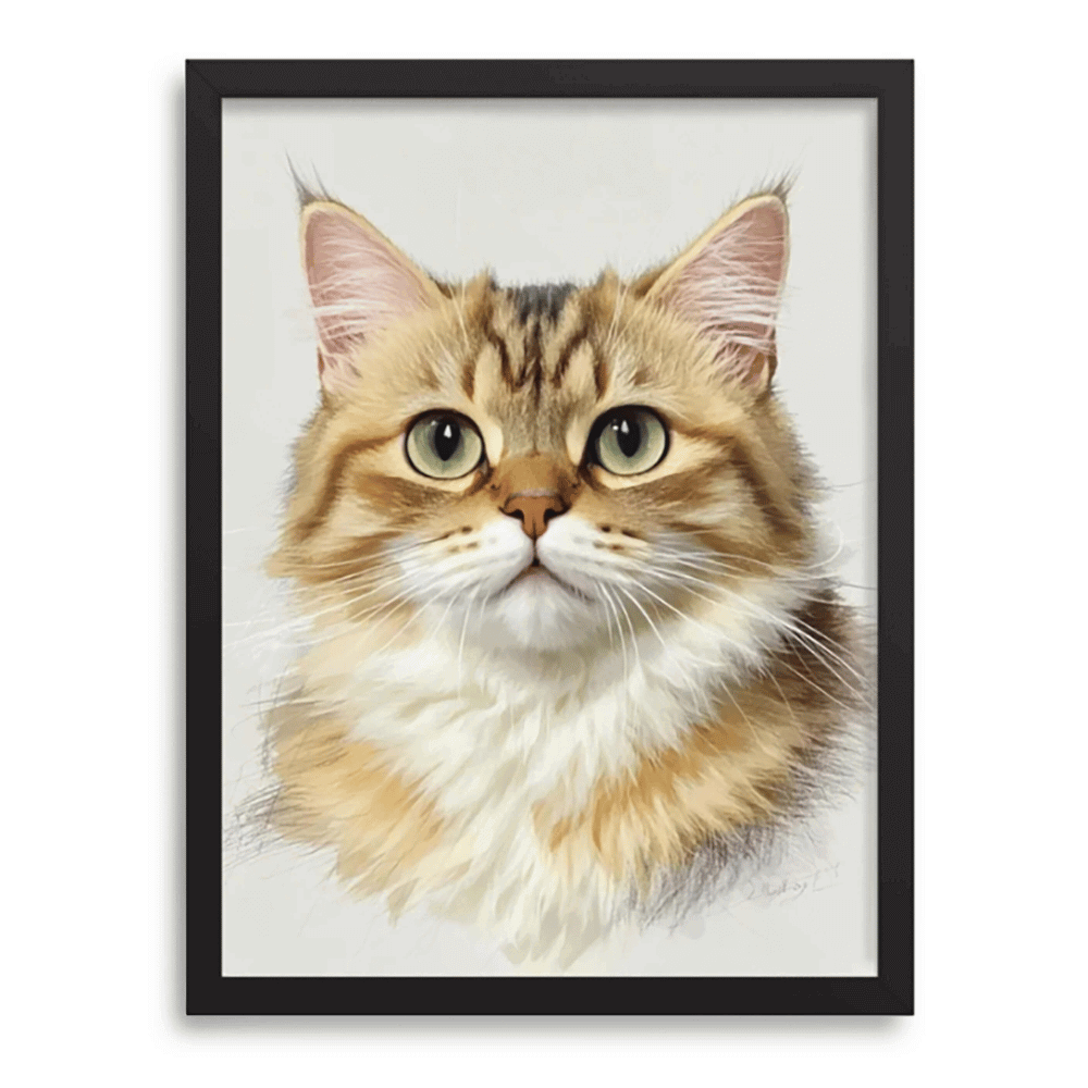 Hand-drawn colored pencil portrait of tabby cat with black frame on soft white background — personalized pet memorial art