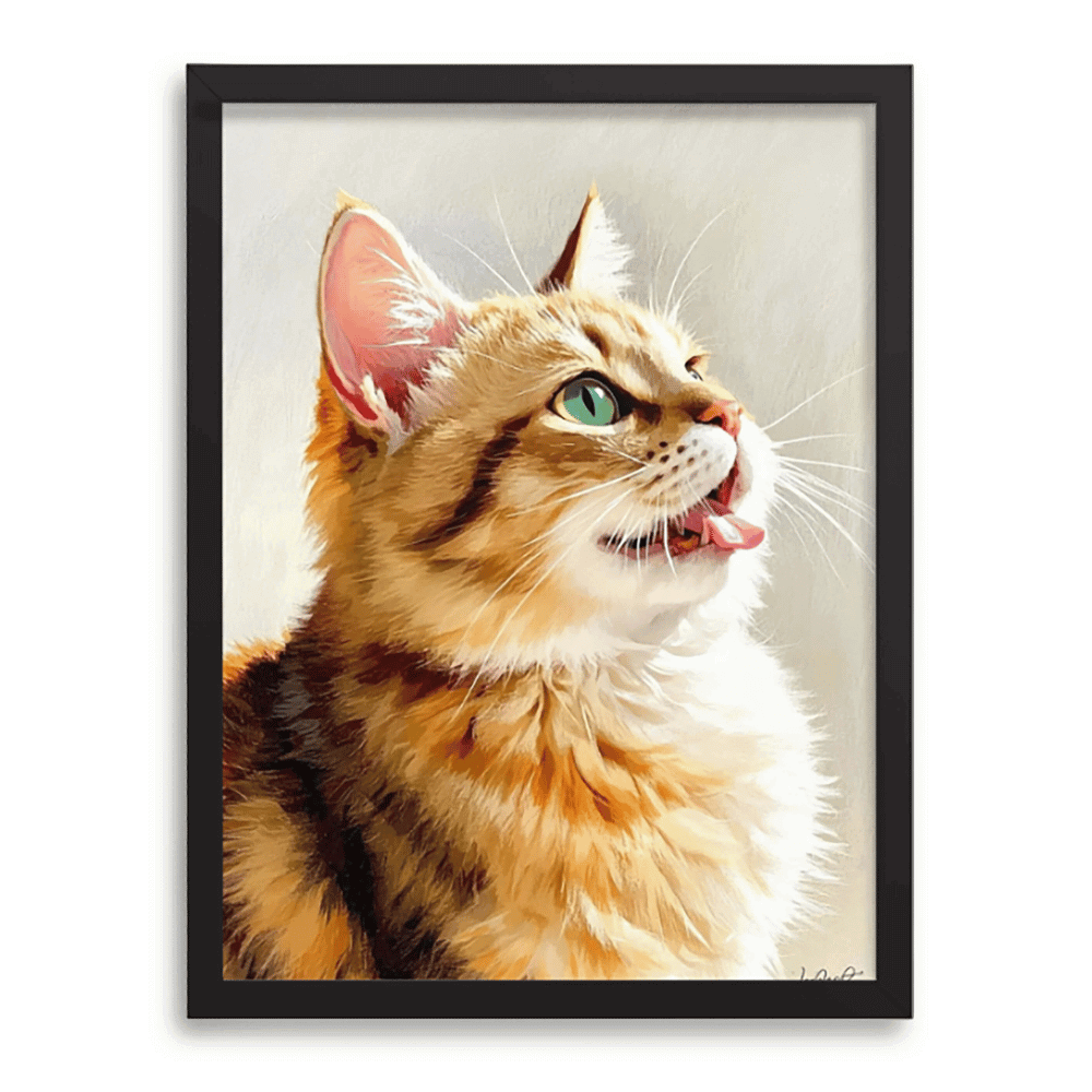 Custom colored pencil orange cat portrait with black frame on cream beige background — personalized pet keepsake