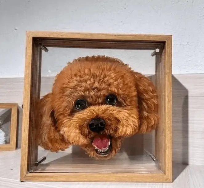 Custom 3D Acrylic Pet Display with brown poodle dog photo in clear acrylic frame, unique pet memorial by Paw-Pixie