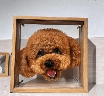 Custom 3D Acrylic Pet Display with brown poodle dog photo in clear acrylic frame, unique pet memorial by Paw-Pixie