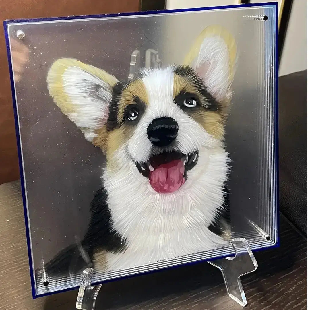 Custom 3D Acrylic Pet Display featuring smiling corgi memorial photo in acrylic block by Paw-Pixie