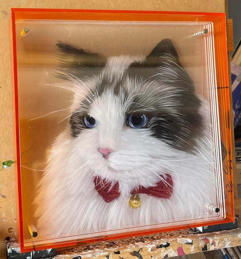 Custom 3D Acrylic Pet Display featuring fluffy grey and white cat photo in orange frame by Paw-Pixie
