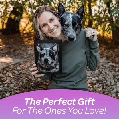 The perfect gift – woman holding custom framed plush pet portrait with her dog by Paw-Pixie
