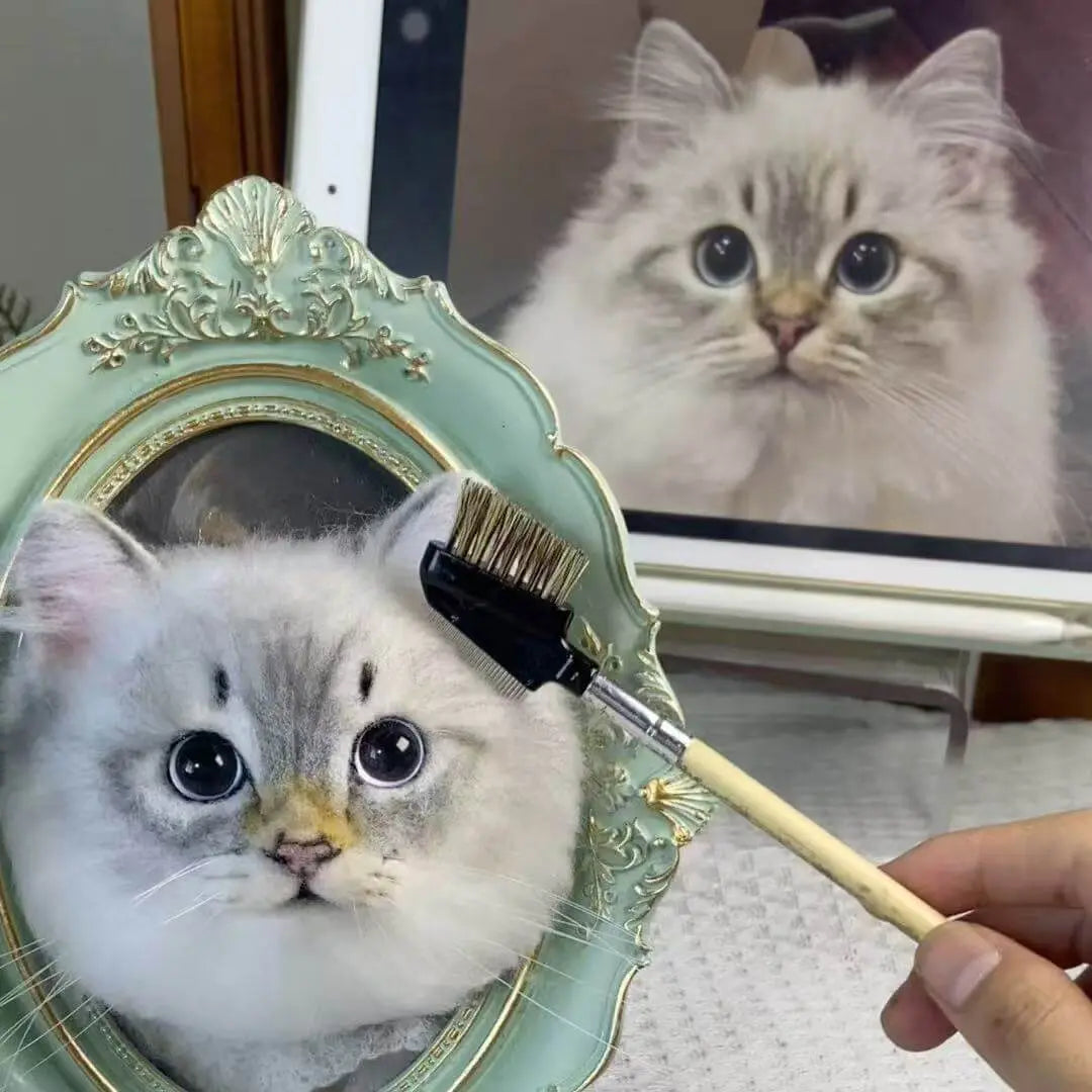 Handcrafted framed plush pet portrait of a fluffy grey cat with realistic details by Paw-Pixie
