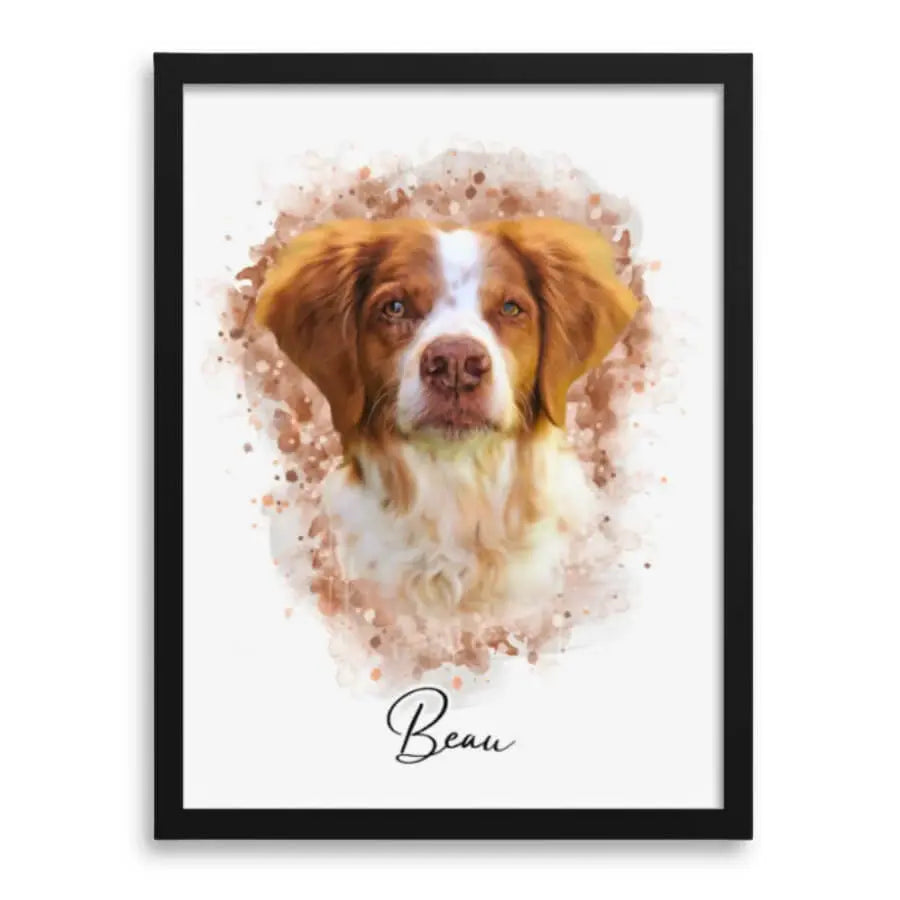Custom watercolor pet portrait of a black dog with pink collar in a black frame by Paw-Pixie