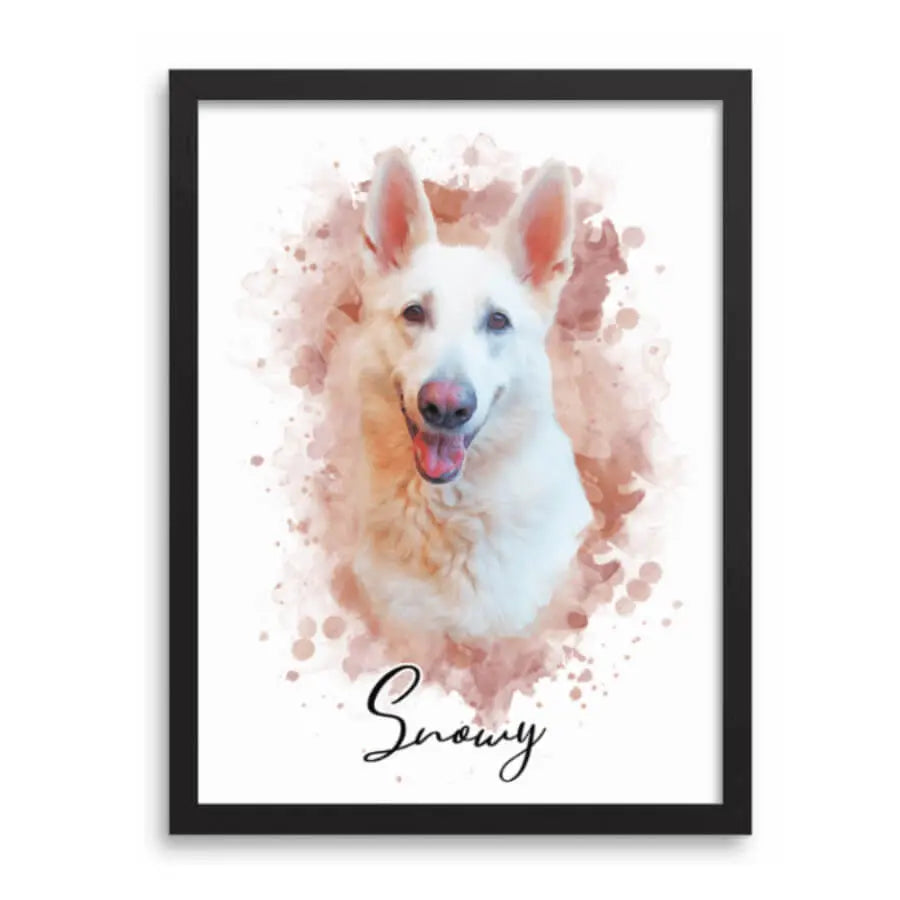 Custom watercolor pet portrait of a fluffy Pomeranian in a black frame by Paw-Pixie