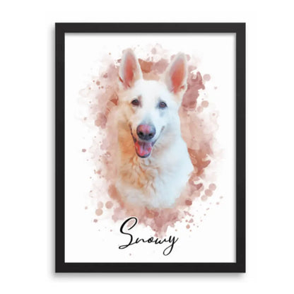 Custom watercolor pet portrait of a fluffy Pomeranian in a black frame by Paw-Pixie