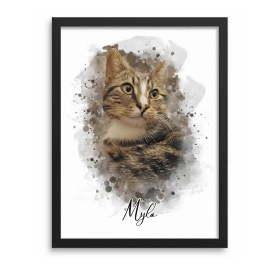 Custom watercolor pet portrait of a long-haired cat in a black frame by Paw-Pixie