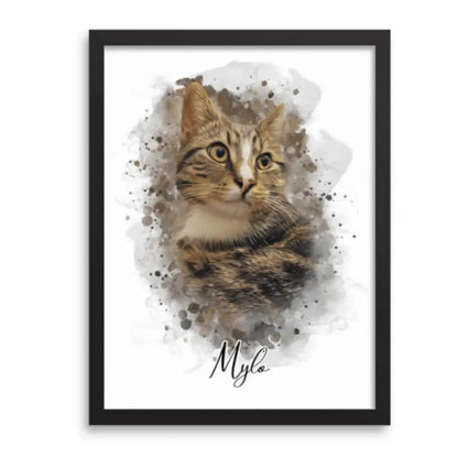 Custom watercolor pet portrait of a long-haired cat in a black frame by Paw-Pixie