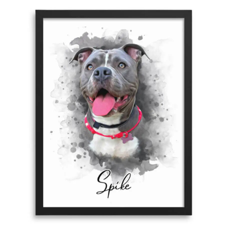 Custom watercolor pet portrait of a brown and white dog in a black frame by Paw-Pixie