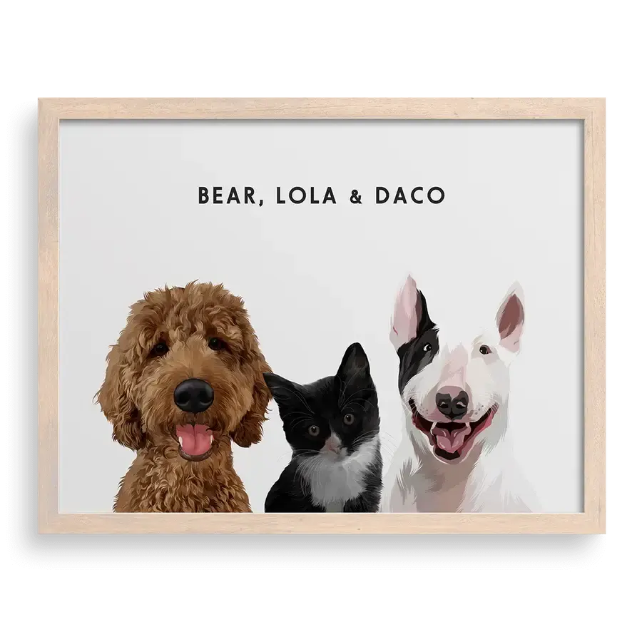 Custom Portrait for Three Pets with Soft White background and Brown frame, personalised pet memorial gifts by Paw-Pixie