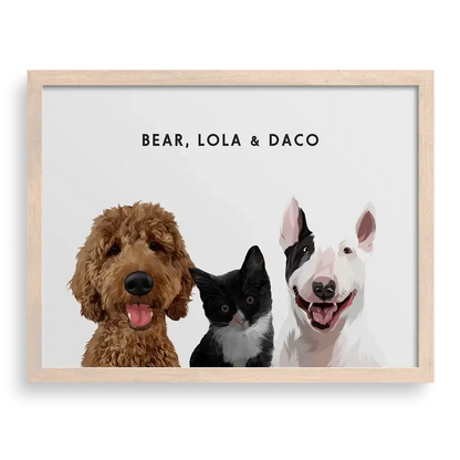 Custom Portrait for Three Pets with Soft White background and Brown frame, personalised pet memorial gifts by Paw-Pixie