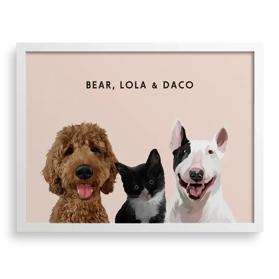 Custom Portrait for Three Pets with Dusty Pink background and White frame, dog and cat custom artwork gift by Paw-Pixie