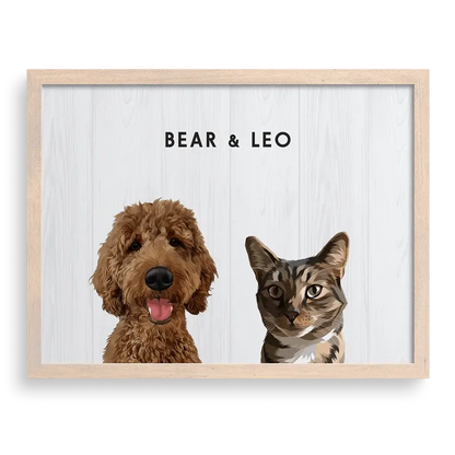 Custom Portrait for Two Pets on Shiplap background with Brown frame — rustic personalized pet portrait decor by Paw-Pixie