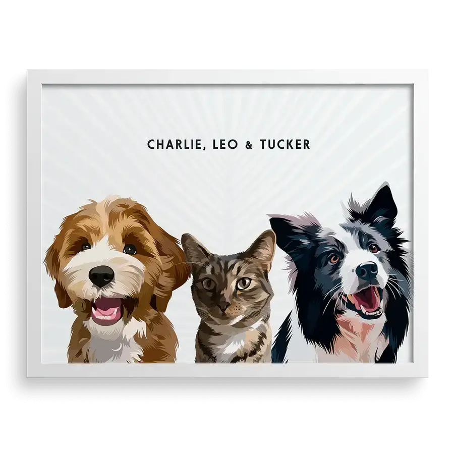 Custom Portrait for Three Pets with Pampas Grass
 background and White frame, dog and cat family personalised memorial art by Paw-Pixie