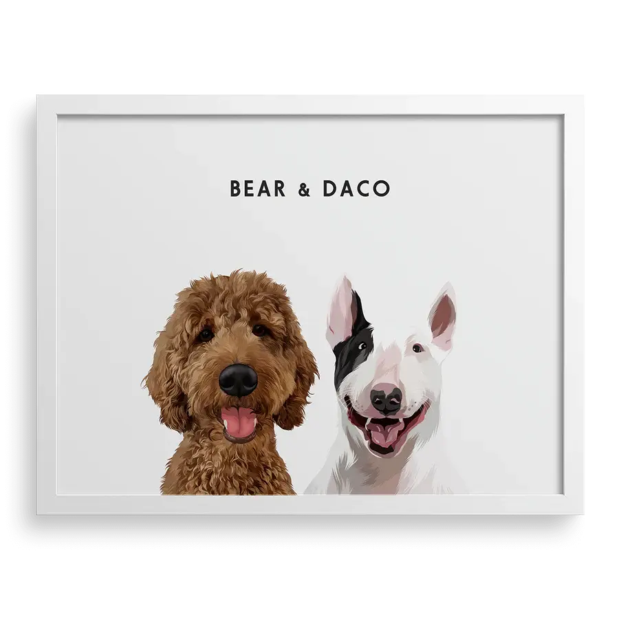 Custom Portrait for Two Pets on Soft White background with White frame — elegant personalized pet portrait by Paw-Pixie
